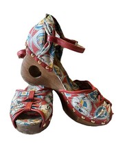 Rare Miss L Fire Flora 40s Pirate Skull Peep Toe Dancing Heel  Sz 7.5 8 Wood