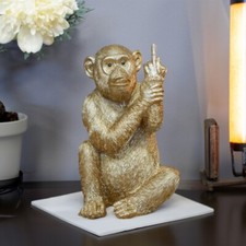 Rude Monkey Ornament Cheeky Gold Animal Statue Middle Finger Up Chimp Sculpture
