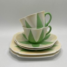 2 X VINTAGE  SHELLEY BONE CHINA APPLE GREEN STAR TRIOS - CUPS SAUCERS & PLATES