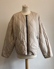 Zara Quilted Bomber Jacket Womens Medium Cream Relaxed Fit Full Zip Blogger