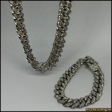 Iced Cuban Chain  & Bracelet | Curb Link Silver Miami Bling Necklace 12mm 24"