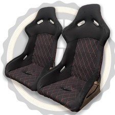 Pair BB5 Wide Black Red Diamond Stitch Fibreglass Racing Bucket Seats + Runners 