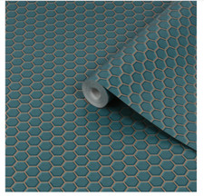 Contour Teal Tile effect Hexagon lattice Textured Wallpaper 112651