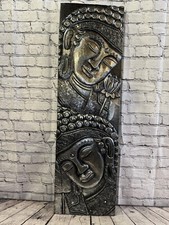 100cm x 30cm Tall Buddha 2 Faces Silver Wooden Wood Panel Wall Art Plaque