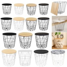 Modern Round Storage Basket Table Wire Frame with Wood Top Side/Coffee Table