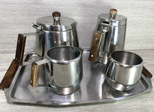 5 Piece Tea Coffee Set Stainless Steel with Wooden Handles Sunnex 1970s