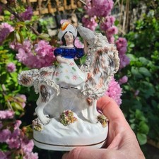 Antique Staffordshire Figure Girl On Goat Victorian Lovely!