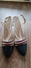 CHANEL VINTAGE SIZE 38 LEATHER  MID HEEL S pre-ownedLING BACKS NAVY RED IVORY