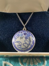 Collectible Antique Michaela Frey Blue Flower Locket Pendant Necklace & Chain