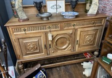 1940s Jacobean Revival Solid Oak Sideboard Carved Tudor Rose