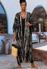 Black White Tie Dye  Boho Ethnic Holiday Beach Coverup Kimono Kaftan Jacket  16