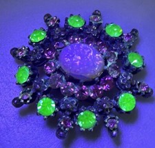 CORO Brooch Uranium Signed Pegasus Faux Pink Opal Green Rhinestone 1.5” RARE