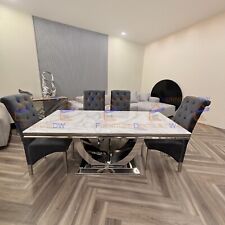 1.8m Arial White Marble Dining Table U Stand and 4 Seater Grey Velvet Chairs Set
