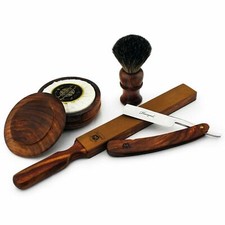 Vintage Cut Throat Wooden Handle Razor Shaving Brush Leather Strop Bowl Soap Set