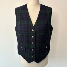 Edinburgh Pure Wool Tartan Waistcoat Size 16 Green Blue Check Plaid VGC