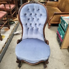 Antique Victorian Carved Mahogany Buttoned Spoon Back Arm Chair Pale Blue Velour