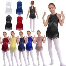 UK Girls Kids Sequins Latin Jazz Dance Leotard Dress Ballet Dancewear Costume