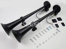 2x black TRAIN SINGLE TRUMPET AIR Horn 150db Crazy Loud Horns SAVE BIG