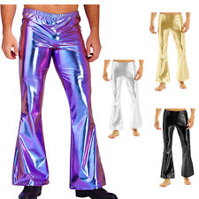 UK Mens Metallic 70s Disco Bell Bottoms Flared Trousers Vintage Wide Leg Pants