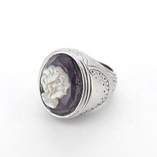 Vintage Sterling Silver Cameo Ring Mother of Pearl Purple Glass Statement Sz M