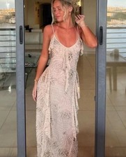 Zara Ruffles Shimmer Sequinned Beaded Midi Dress Beige Pink Size S 4813/334 