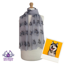 SIBERIAN HUSKY SCARF LADIES HUSKY DOG PRINT SHAWL WRAP GREY BACKGROUND