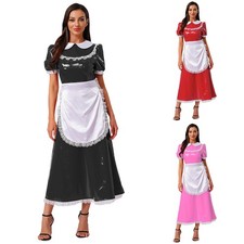 UK Women's French Maid Costume Apron Uniform Long Dress Cosplay Costume Lolita