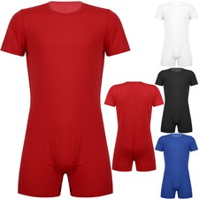 Men's One Piece Short Sleeve Press Button Crotch Boxer Rompers Sports Bodysuit