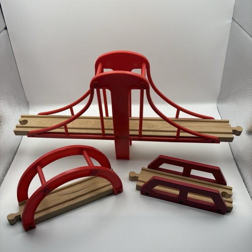 Wooden train track red bridge - train,