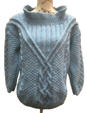 Ladies Aran Pullover 14 Blue 42 Jumper Knit Denim Handmade Wool Blend Sweater UK
