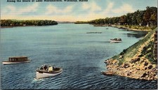 Postcard c1930  Cabin Cruiser  Boats Shore Line Lake Maranacook Winthrop , Maine