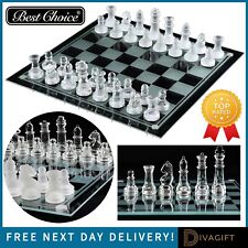 GLASS CHESS SET TRADITIONAL COMPLETE BOARD GAME 32 FROSTED PIECES 25CMx25CM