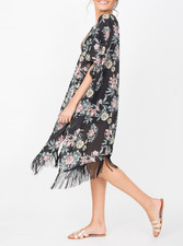 Black Floral Kimono Cover Up - Tassel Fringe Summer Coverup - One Size UK 8-16