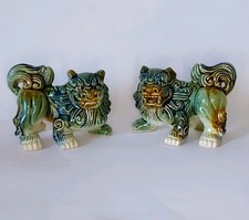 Multicolored Chinese Foo Dogs Guardian Lions Vintage Pair Potterry Green Brown