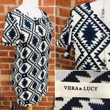 VERA & LUCY Size 12-14 Black Navy Blue Floral Dress Autumn Excellent S4