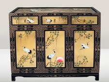 Oriental Chinese Gold Leaf Sideboard Cabinet with Hand Painted Cranes Design