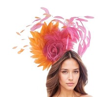 Fuchsia Pink Orange Feather Kentucky Derby Fascinator Hat Wedding Cocktail...