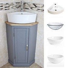 Bathroom Corner Compact Vanity Unit | Grey Painted | Ceramic & Glass Basin