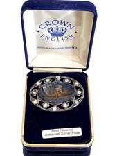 VINTAGE CROWN ENGLISH COLLECTION BROOCH, ANTIQUED SILVER PLATE WITH REAL FLOWERS