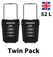2x Large 52L Black Plastic Shopping Baskets with Wheels & Telescopic Handle