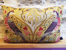 William Morris Seasons by May Birds Linen & Gold Velvet Cushion Cover Sanderson