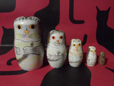Vintage Cat Ornamental Russian Group of 5 Handmade Wooden Nesting Dolls