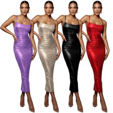 Women's Formal Party Evening Dress Sexy Pleated Bodycon Shiny Long Slip Dresses