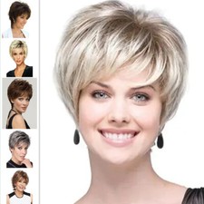 Lady Real Natural Short Straight Wavy Curly Pixie Cut Hair Cosplay Full Wigs
