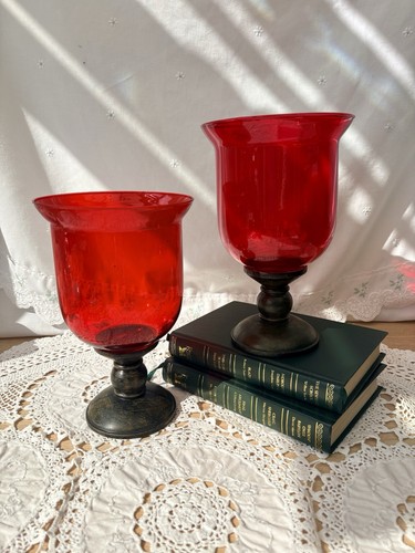 Vintage red glass hurricane - red,
