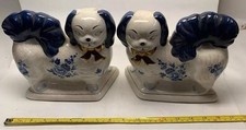 Vintage Staffordshire Porcelain Cat Figurines - Pair Blue & White Floral