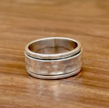 925 Sterling Silver Wide Band & Spinning Hammered Ring For Men & Women