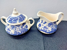English Ironstone Tableware Old Willow Milk Jug & Sugar Bowl With Lid