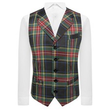 Traditional Dark Green Tartan Check Waistcoat with Lapel, Scottish, Scotland