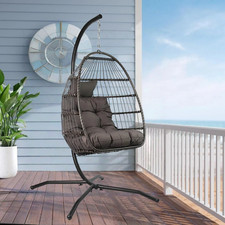 Foldable Hanging Egg Chair Rattan Garden Hammock with Cushions Indoor Outdoor